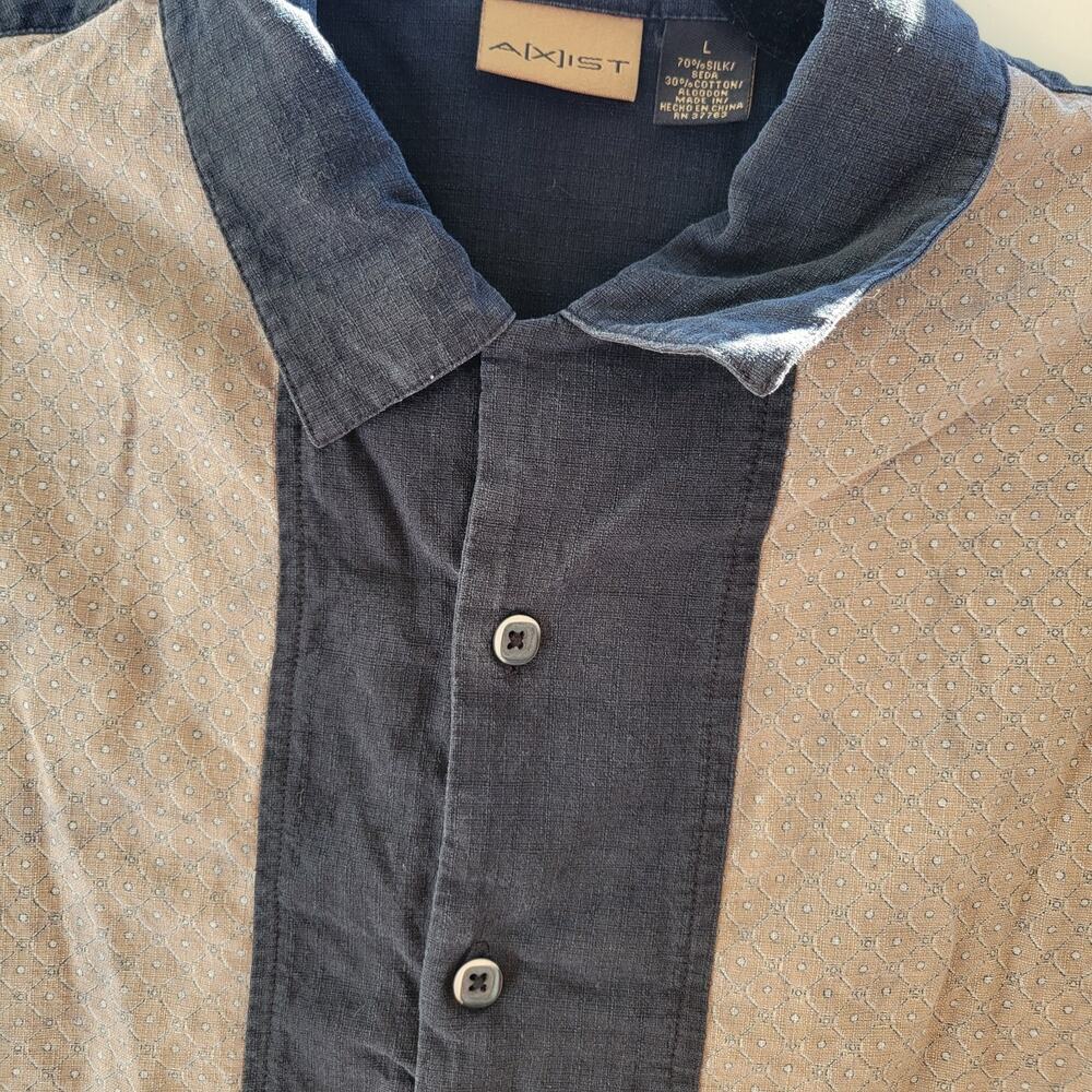 Axist Mens Silk Cotton Blend‎ Colorblock Geometric Short Sleeve Button Shirt L - Picture 2 of 7